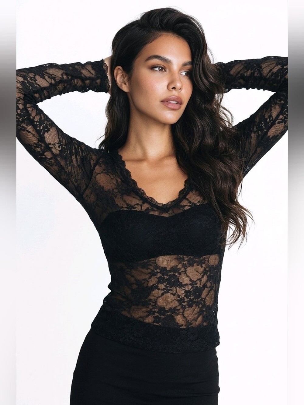 Poetry Black Sheer Floral Lace Long-Sleeve Top